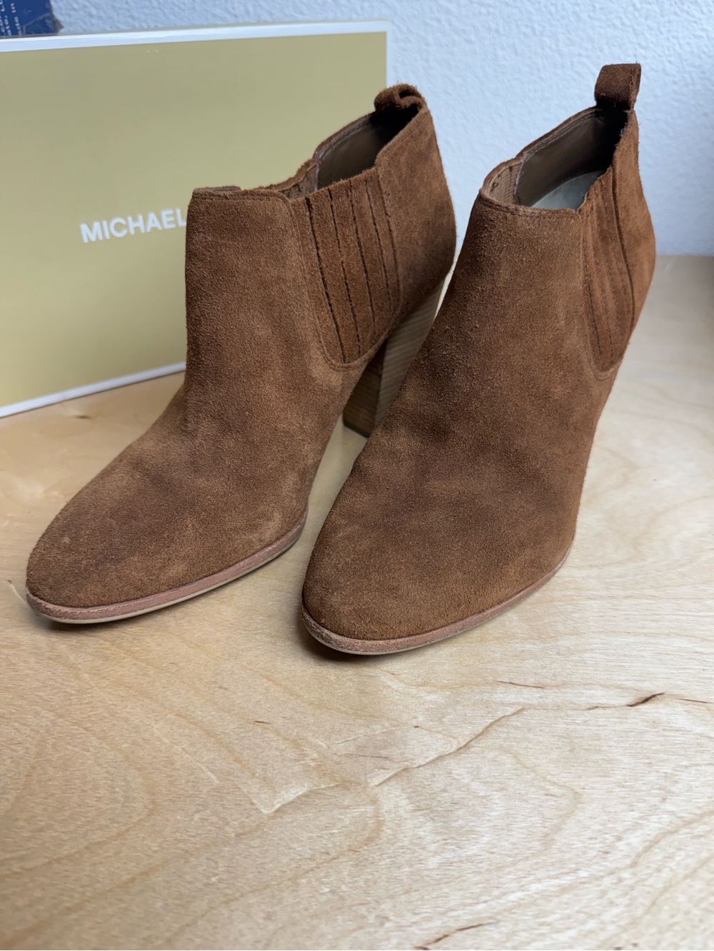 Michael Kors Chestnut Suede Ankle Booties with Stacked Heel